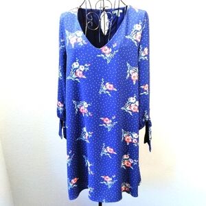 MAIMI Swiss Dot Dress Blue Floral Women‎ S Lined Pullover Tied Cuff Drapy A-line
